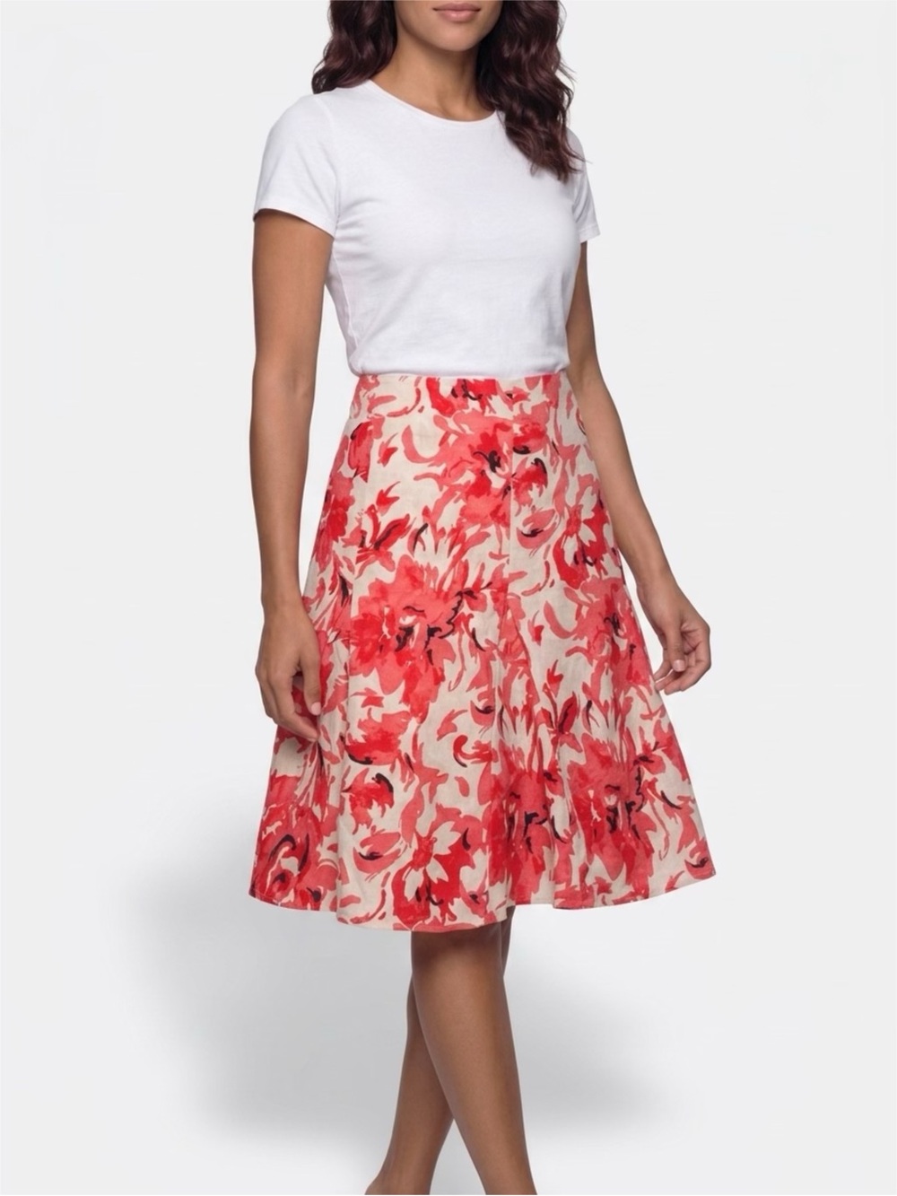 Beautiful Elementz Floral Linen A Live Flare Skirt Midi Size S